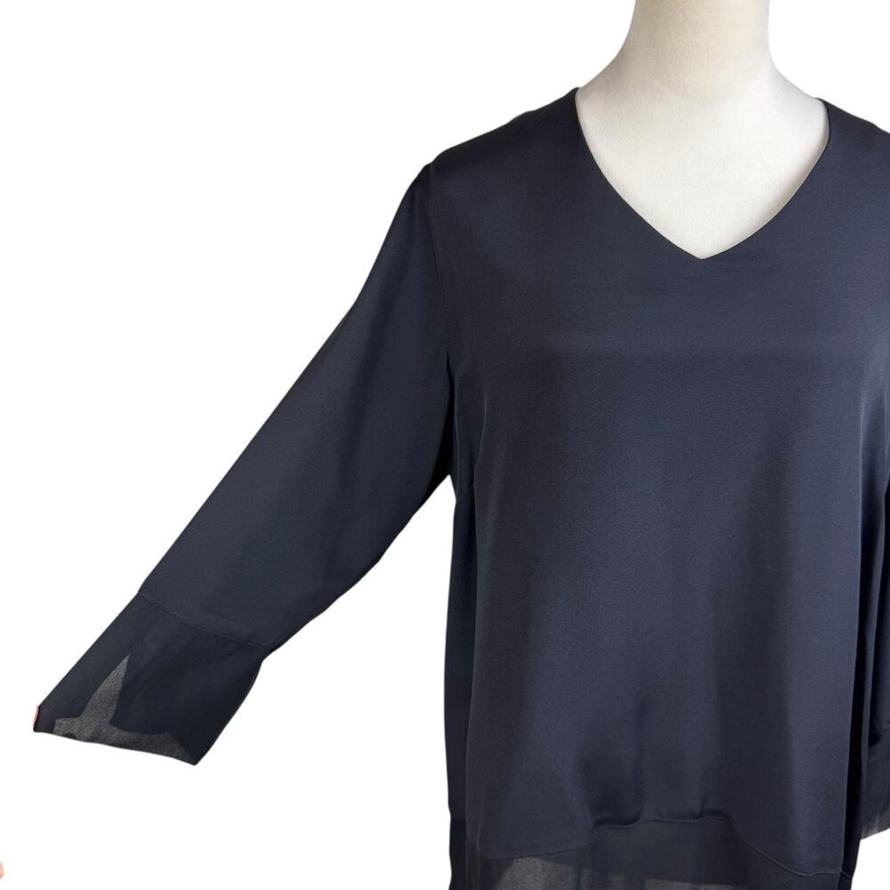 Caroline Rose NWT Solid Black 100% Silk V-neck 3/4 Sleeve Simple Tunic Blouse - Picture 4 of 12
